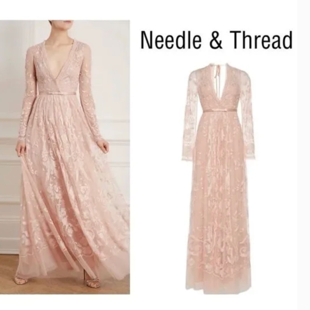 Needle & Thread Eleanor layered gowns available in pink and grey gray